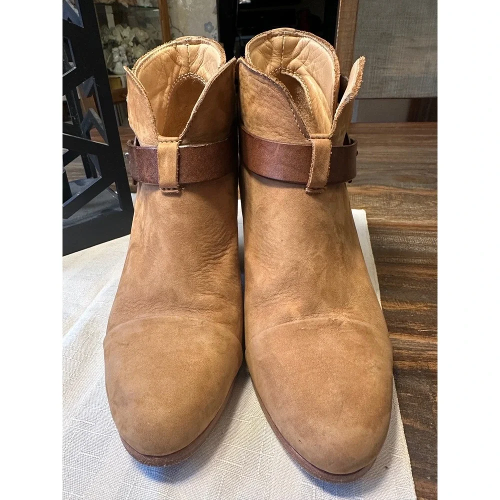 Rag‎ Bone New York Tan Leather Ankle Boots Buckle Heel Block Women Sz 37 or US 7